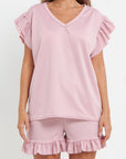 Ladies V Neck Frill Peplum Sleeve Top and Short 2 Piece Tracksuit Set - Toi ‘n’ Moi Ltd