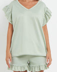 Ladies V Neck Frill Peplum Sleeve Top and Short 2 Piece Tracksuit Set - Toi ‘n’ Moi Ltd