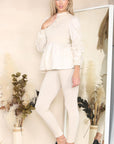 Long Ruched Sleeves Ribbed Peplum Diamond Buttons Frilled Hem Lounge Wear Co-Ord Set - Toi ‘n’ Moi Ltd