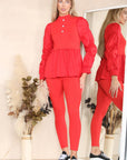 Long Ruched Sleeves Ribbed Peplum Diamond Buttons Frilled Hem Lounge Wear Co-Ord Set - Toi ‘n’ Moi Ltd