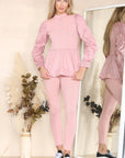 Long Ruched Sleeves Ribbed Peplum Diamond Buttons Frilled Hem Lounge Wear Co-Ord Set - Toi ‘n’ Moi Ltd