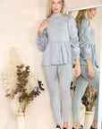 Long Ruched Sleeves Ribbed Peplum Diamond Buttons Frilled Hem Lounge Wear Co-Ord Set - Toi ‘n’ Moi Ltd