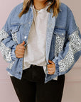 Beau Blue Leopard Patchwork Flap Detail Plus Size Denim Jacket - Toi ‘n’ Moi Ltd