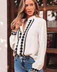 Beige Floral Embroidered Stand Neck Buttoned Shirt - Toi ‘n’ Moi Ltd