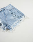 Light Blue Distressed Ripped Raw Hem High Waist Denim Shorts