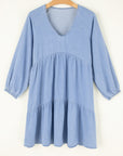 Beau Blue Puff Sleeve V Neck Tiered Ruffled Chambray Mini Dress - Toi ‘n’ Moi Ltd