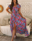 Blue Floral Print V Neck Wrap Split Maxi Dress - Toi ‘n’ Moi Ltd