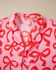 Pink 2pcs Bow Print Shirt Style Long Sleeve Pajama Set