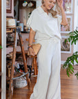 Beige Plus Size Textured Collared Top and Pants Set - Toi ‘n’ Moi Ltd