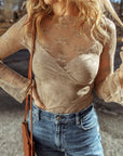 Apricot Lace Mesh Crochet Splicing Slim Fit Long Sleeve Blouse - Toi ‘n’ Moi Ltd