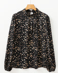 Black Leopard Print Puff Sleeve Mock Neck Pleated Blouse - Toi ‘n’ Moi Ltd