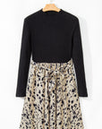 Black Ribbed Knit Patchwork Printed Belted A-line Dress - Toi ‘n’ Moi Ltd