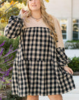 Black Plaid Waffle Knit Patchwork Collared V Neck Plus Size Mini Dress - Toi ‘n’ Moi Ltd