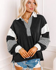 Black Striped Colorblock Patchwork Collar Sweatshirt - Toi ‘n’ Moi Ltd