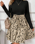 Black Ribbed Knit Patchwork Printed Belted A-line Dress - Toi ‘n’ Moi Ltd