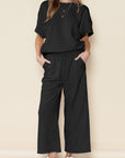 Black Textured Loose Fit T Shirt and Drawstring Pants Set - Toi ‘n’ Moi Ltd