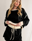 Black Contrast Trim Loose Pullover and Lace-up Waist Skort Set - Toi ‘n’ Moi Ltd