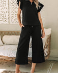 Black Textured Flutter Sleeve Top Wide Leg Pants Set - Toi ‘n’ Moi Ltd