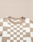 Black Checkered Print Drop Shoulder Round Neck Sweater - Toi ‘n’ Moi Ltd