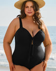 Black Plus Size Textured Knotted Ruffled Trim One Piece Swimwear - Toi ‘n’ Moi Ltd
