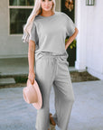 Gray Textured Loose Fit T Shirt and Drawstring Pants Set