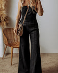 Black Seamed Zipper Spaghetti Strap High Waist Flared Jumpsuit - Toi ‘n’ Moi Ltd