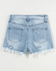 Light Blue Distressed Ripped Raw Hem High Waist Denim Shorts