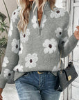 Gray Floral Pattern Half Zip Drop Shoulder Sweater