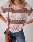 Brown Stripe Color Block Hollow Out Crochet Half Sleeve Sweater - Toi ‘n’ Moi Ltd