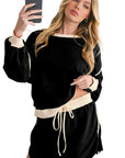 Black Contrast Trim Loose Pullover and Lace-up Waist Skort Set - Toi ‘n’ Moi Ltd