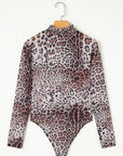 Brown Allover Leopard Print Smocked Neck Mesh Bodysuit - Toi ‘n’ Moi Ltd