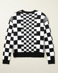 Black Checkered Print Drop Shoulder Round Neck Sweater - Toi ‘n’ Moi Ltd