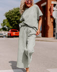Gray Textured Loose Fit T Shirt and Drawstring Pants Set