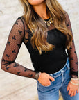 Black Dotted Bow Pattern Mesh Long Sleeve Top - Toi ‘n’ Moi Ltd