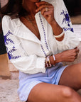 White Floral Embroidered Bracelet Sleeve Shirt