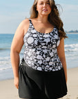 Black Plus Size Printed Square Neck Drawstring Ruffled Tankini Set - Toi ‘n’ Moi Ltd