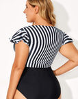Black Stripe Plus Size Knot Cutout Ruffle Sleeve and High Waisted 2pcs Swimsuit - Toi ‘n’ Moi Ltd