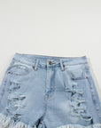 Light Blue Distressed Ripped Raw Hem High Waist Denim Shorts