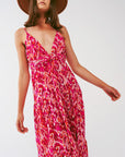 Floral Print Maxi Dress With v Neck in Pink