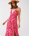 Floral Print Maxi Dress With v Neck in Pink
