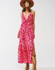 Floral Print Maxi Dress With v Neck in Pink