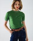 Green Short Sleeve Sweater With White Line Detail