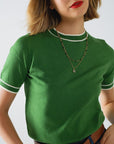 Green Short Sleeve Sweater With White Line Detail