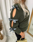 Cut Out Tie Bow Sleeve Detail Chunky Knitted Top