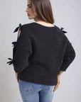 Cut Out Tie Bow Sleeve Detail Chunky Knitted Top