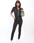 Collared V-Neckline Zip Up with Tie Belt Jumpsuit