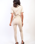 Collared V-Neckline Zip Up with Tie Belt Jumpsuit
