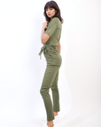 Collared V-Neckline Zip Up with Tie Belt Jumpsuit