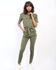 Collared V-Neckline Zip Up with Tie Belt Jumpsuit