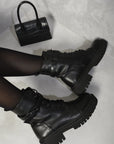 Lace Up Buckle Chunky Combat Boots
